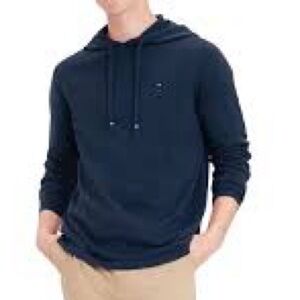 Tommy Hilfiger Navy Conbed Cotton Pullover Knit Hoodie XL sweater red trim EUC